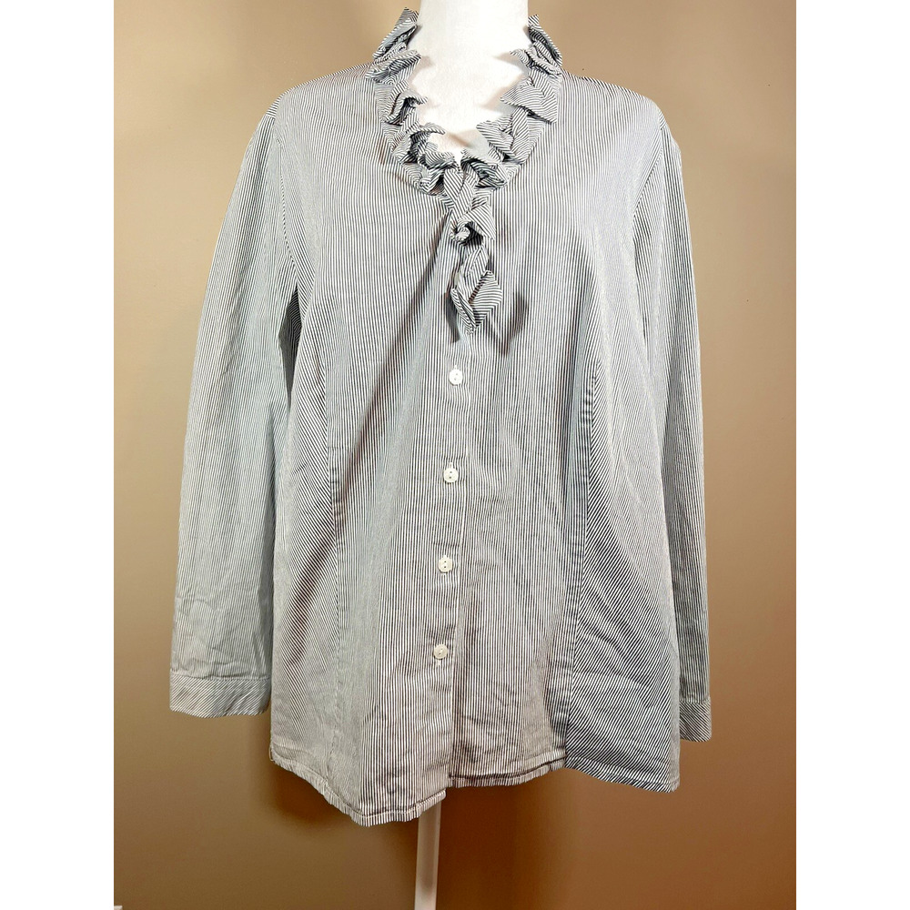 Talbots Women's Blue White Pinstripe Button Up Ruffle Collar 1X Office Preppy